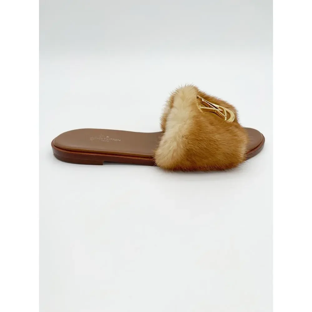 Louis Vuitton Camel Mink Fur Gold LV Logo Lock It Flat Slide Mule Sandals EU 36